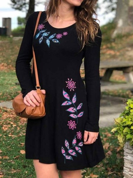 

Regolare In forma Casuale Floreale Abito, Nero, Midi Dresses
