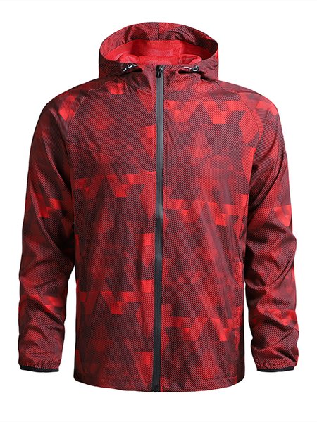 

Men's Geo Print Full Zip Hooded Jacket Windbreaker, Red, Jackets & Coats