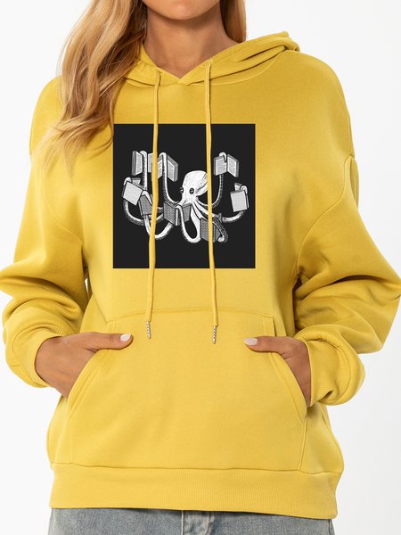 

Unocis Octopus Print Long-sleeved Hooded Sweatshirt, Yellow, Hoodies