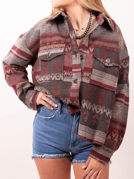 

Ethnic Tribal Shirt Collar Off Shoulder Shirts & Tops, Multicolor, Outerwear