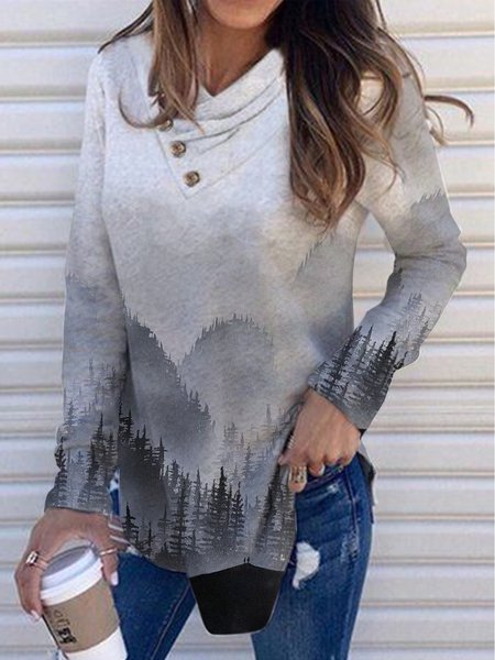 

Long sleeve pile neck gradient ink painting plant mountain landscape top TX, Light gray, Long sleeve tops