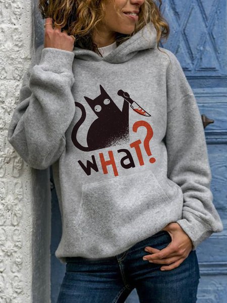 

WHAT CAT Printed Raglan Sleeve Casual Hooded Sweatshirt, Gray, Hoodies & Sweatshirts
