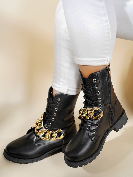

Simple Chain Zipper Martin Combat Boots, As picture, Boots