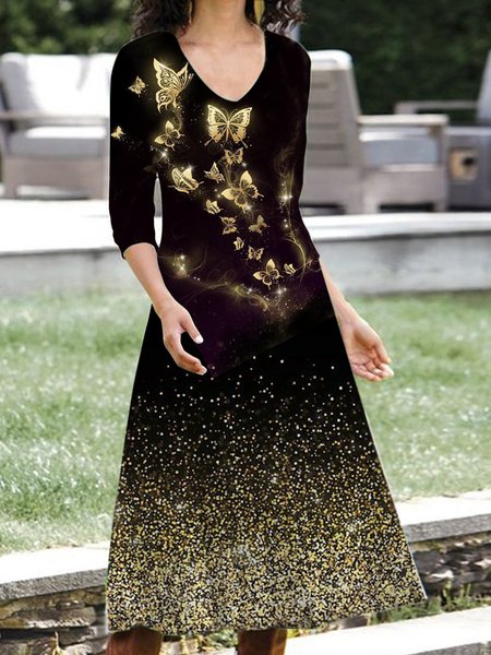 

Long sleeve V-neck glittering butterfly gradient elastic knitted dress, Black, Midi Dresses