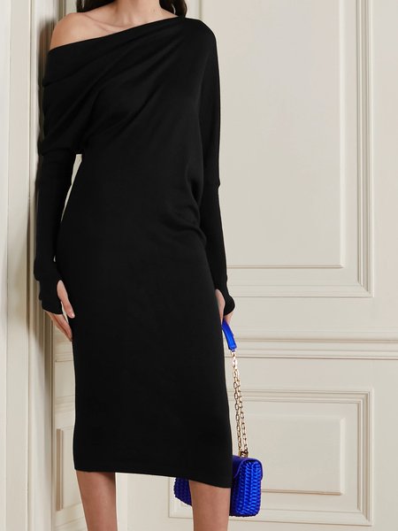 

Solid Regular Fit Long sleeve Elegant Dresses, Black, Midi Dresses