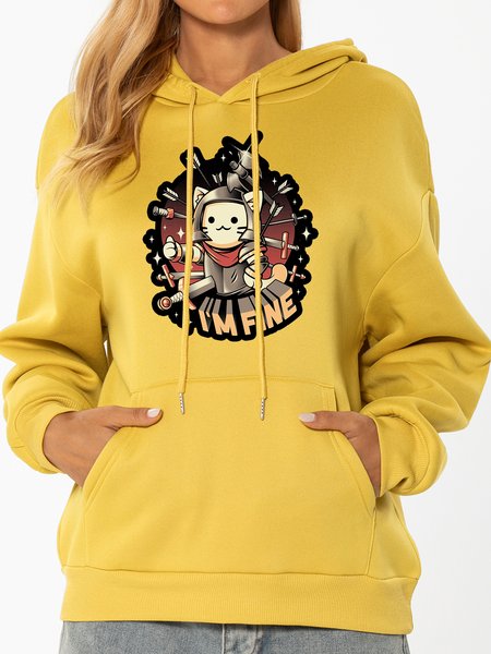 

Unocis Cat,I'm Fine Print Hoodie, Yellow, Hoodies