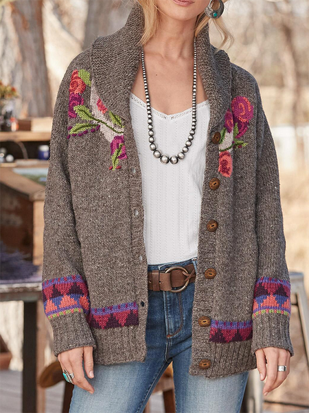 

Floral Lapel Long Sleeve Elegant Outerwear, As picture, Cardigans