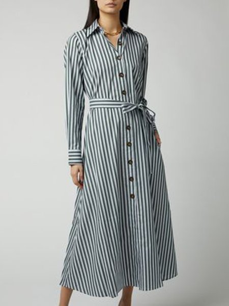 

Elegant Regular Fit Long sleeve Striped Dress, Stripe, Midi Dresses