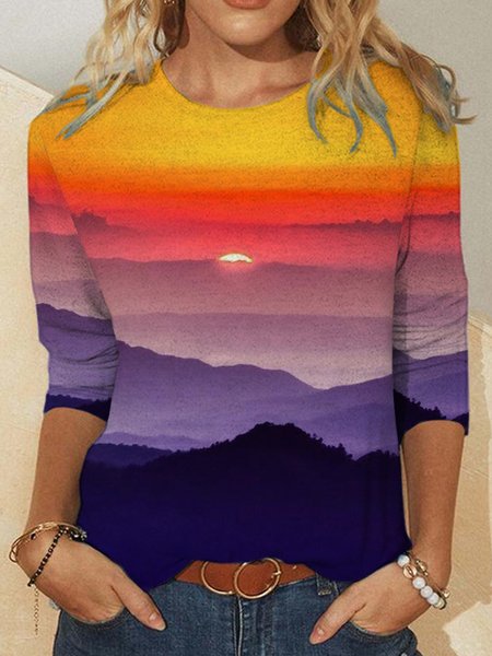 

Sunset Landscape Print Causal Sweatshirt, As picture, Long sleeves