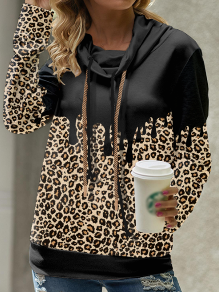 

Long sleeve round neck hooded black stitched leopard sweater women's top, Sweatshirts & Hoodies