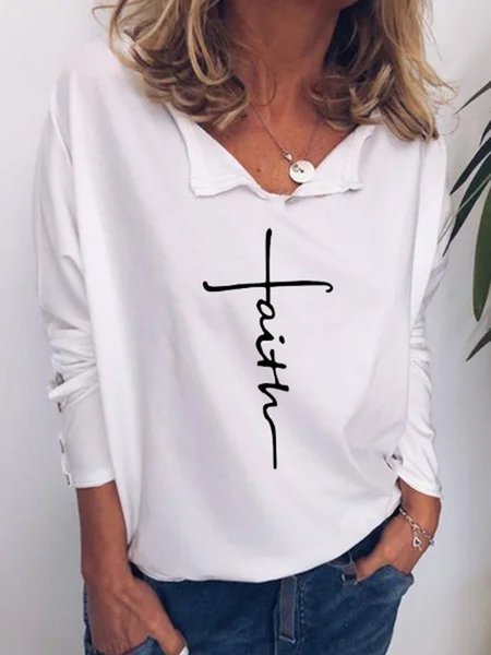 

Letter V Neck Long Sleeve Casual Shirts & Tops, As picture, T-Shirts