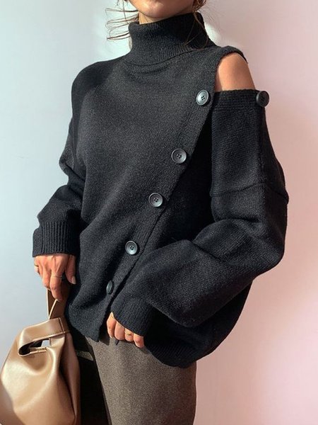 

Long Sleeve High Neck Plain Casual Sweater, Black, Pullovers