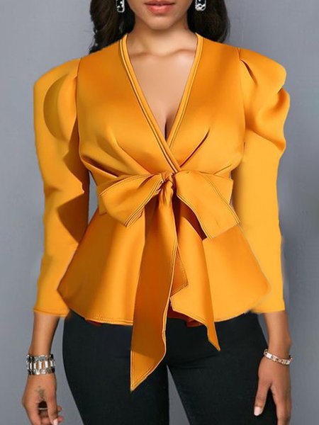 

V Neck Plain Elegant Regular Fit Top, Yellow, Blouses and Shirts