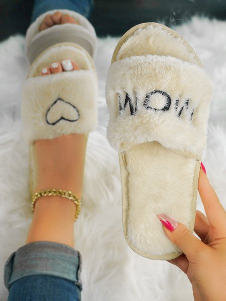 

Simple Letter Love Plush Slippers, Off white, Slippers