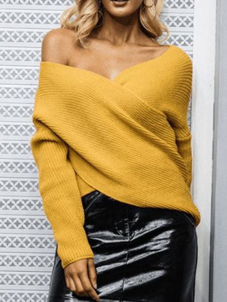 

Solid Regular Fit Off Shoulder Elegant Sweater, Yellow, Pullovers