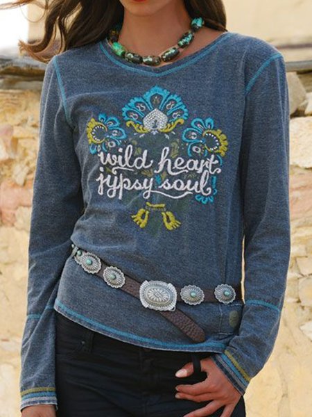 

Regular Fit Letter Crew Neck Shirts & Tops, Blue, T-Shirts