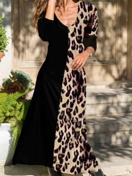 

Elegant V Neck Leopard Dress, As picture, Maxi Dresses