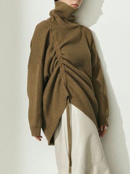 

Casual Long Sleeve High Neck Loosen Sweater, Brown, Pullovers