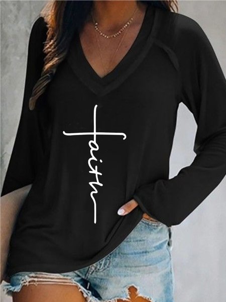 

Casual Loosen V Neck Long Sleeve Tops, Black, T-Shirts
