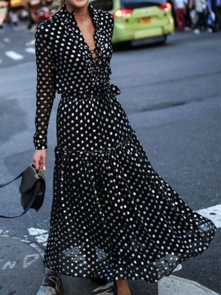

Polka Dots Notched Regular Fit Maxi Dress, Black, Maxi Dresses