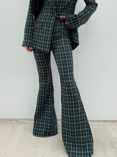 

Flare Leg Vintage Grid Long Pants, Green, Flared Pants