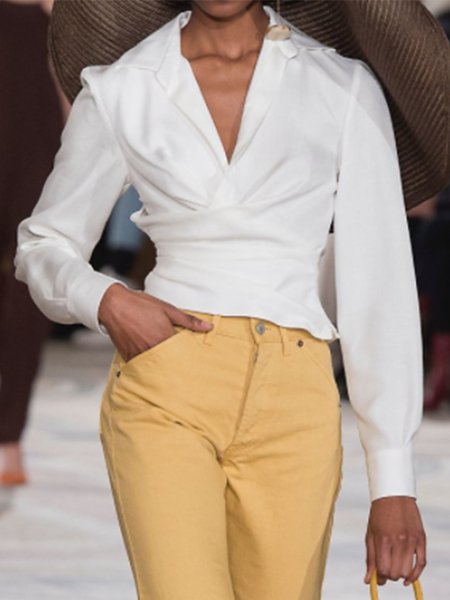 

Solid Lapel Lady Long Sleeve Shirt, White, Blouses and Shirts