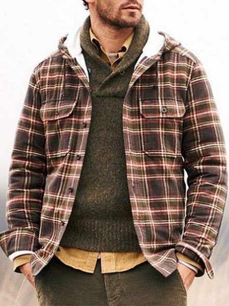 

Plaid Long Sleeve Hooded Overshirt, Brown, Jackets & Coats