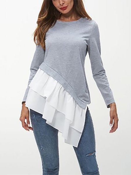 

Solid Loosen Ruffled Long Sleeves Shirts & Tops, Gray, Tops