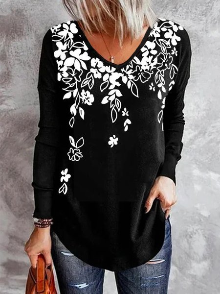 

Vintage Floral Printed V Neck Long Sleeves Plus Size Casual Tops, Black, T-Shirts