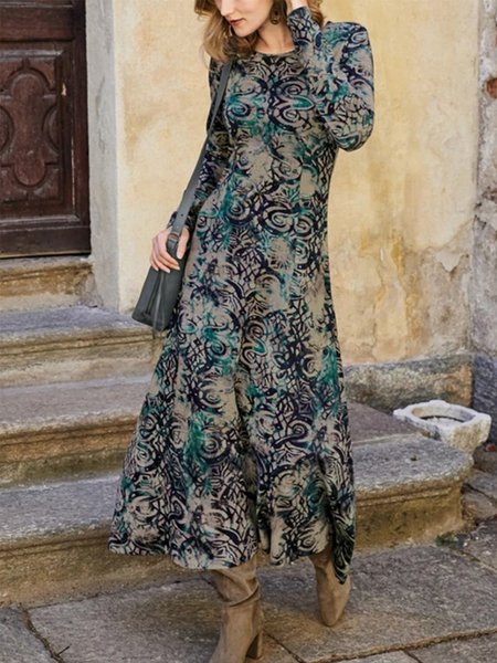 

Vintage Geometric Printed Long Sleeves Plus Size Casual Knitting Dress, Multicolor, Maxi Dresses