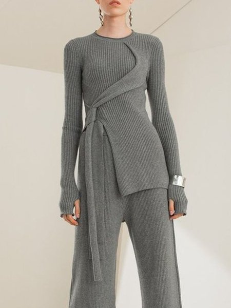 

Long Sleeve Crew Neck Elegant Regular Fit Sweater, Gray, Pullovers