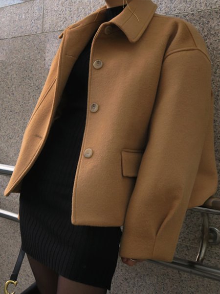 

Elegant Solid Lapel Long sleeve Outerwear, Khaki, Coats