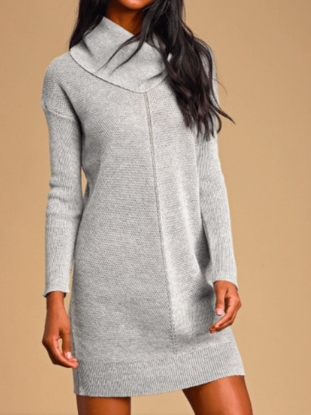 

Fall High Neck Elegant A-line High Stretch Mid-weight Daily Dresses, Light gray, Mini Dresses