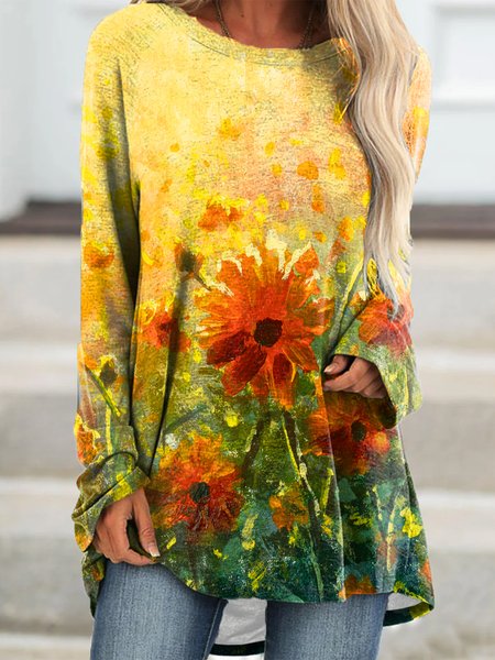 

Sunflower flower Crew Neck Off Shoulder Dresses, Yellow, Dresses
