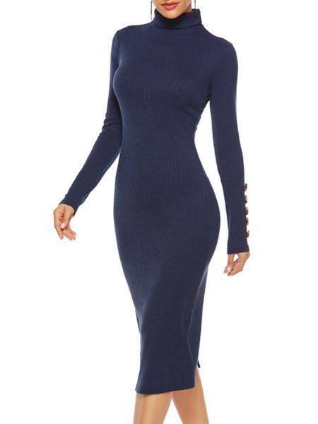 

High Neck High Neck High Stretch Knit Dress, Deep blue, Midi Dresses