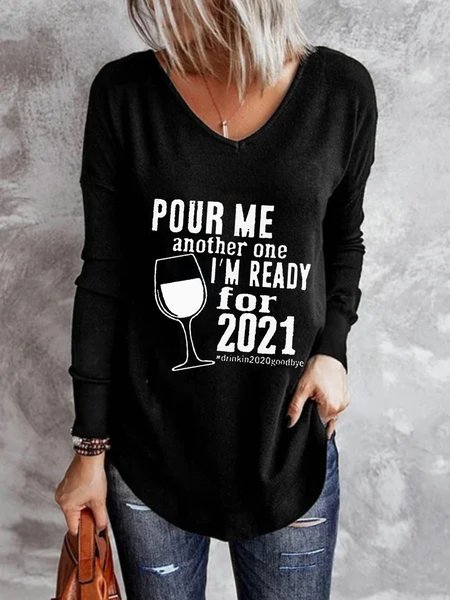 

Casual Long Sleeve V Neck Plus Size Printed Tops T-shirts, Black, T-Shirts