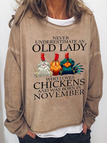 

Funny chicken and letter print round neck off-shoulder long-sleeved sweatshirt, Brown, Hoodies&Sweatshirts