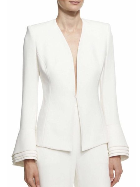 

Elegant Long Sleeve V Neck Outerwear, White, Blazers