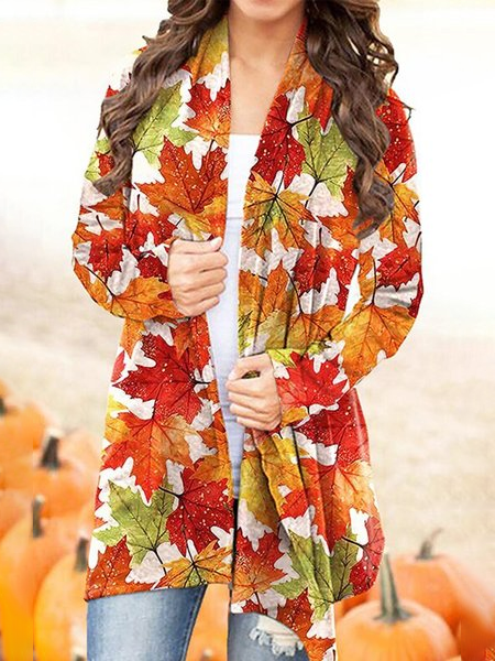 

Women's Cardigans Leaf Print Open Front Cardigan, Orange, Cardigans