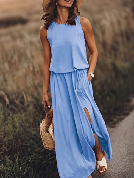 

Women's Sleeveless Summer Plain Crew Neck Daily Going Out Casual Maxi H-Line Pink, Blue, Dresses