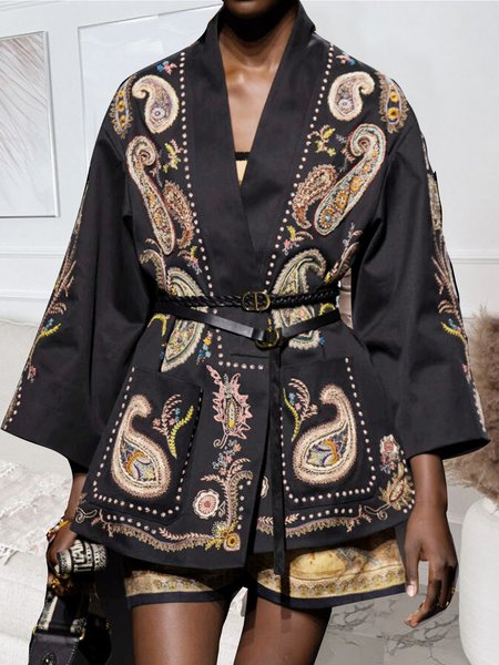 

National pattern long sleeve half cardigan, Multicolor, Coats