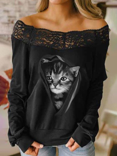 

Vintage Cat Printed Lace Off Shoulder Long Sleeves Plus Size Casual Tops, Black, Tops