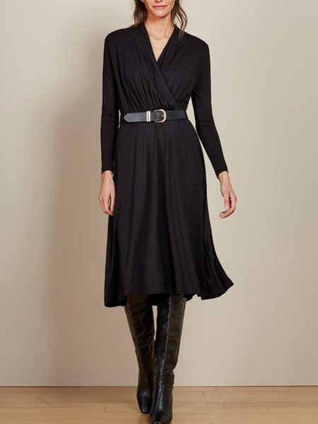

Nero Scollo a V Nozioni di base Semplice Casuale Maniche Lunghe Abito, Midi Dresses