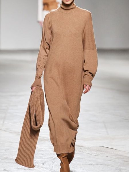 

Casual Long Sleeve Plain Dresses, Khaki, Maxi Dresses