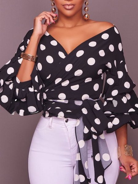 

V Neck Polka Dots Lady Top, Black, Blouses and Shirts