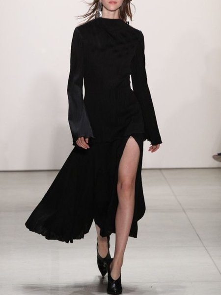 

Elegant Solid Crew Neck Long Sleeve Dresses, Black, Maxi Dresses