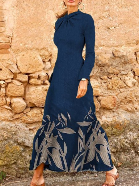 

Elegant Long Sleeve Printed Dress, Blue, Maxi Dresses