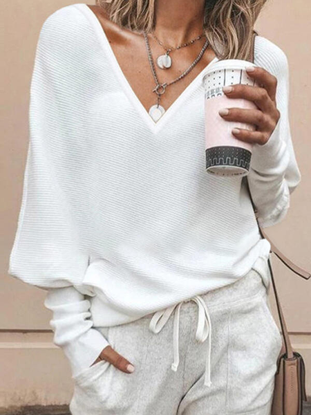 

Solid Long Sleeve V Neck Elegant T-shirt, White, Tops
