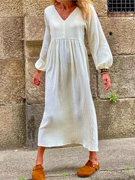 

Casual V Neck Solid Long Sleeve Dresses, Apricot, Maxi Dresses