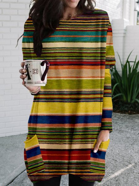 

Strip Vintage Knitting Dress, As picture, Print Dress